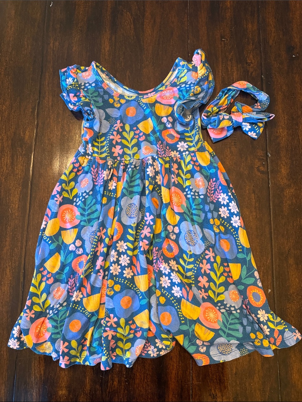 Little Sleepies Blue Floral Flutter Sleeve Dress with Matching Bow